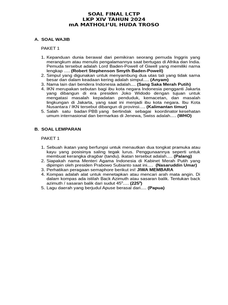 Soal LCTP Pramuka Siaga 2024 | PDF