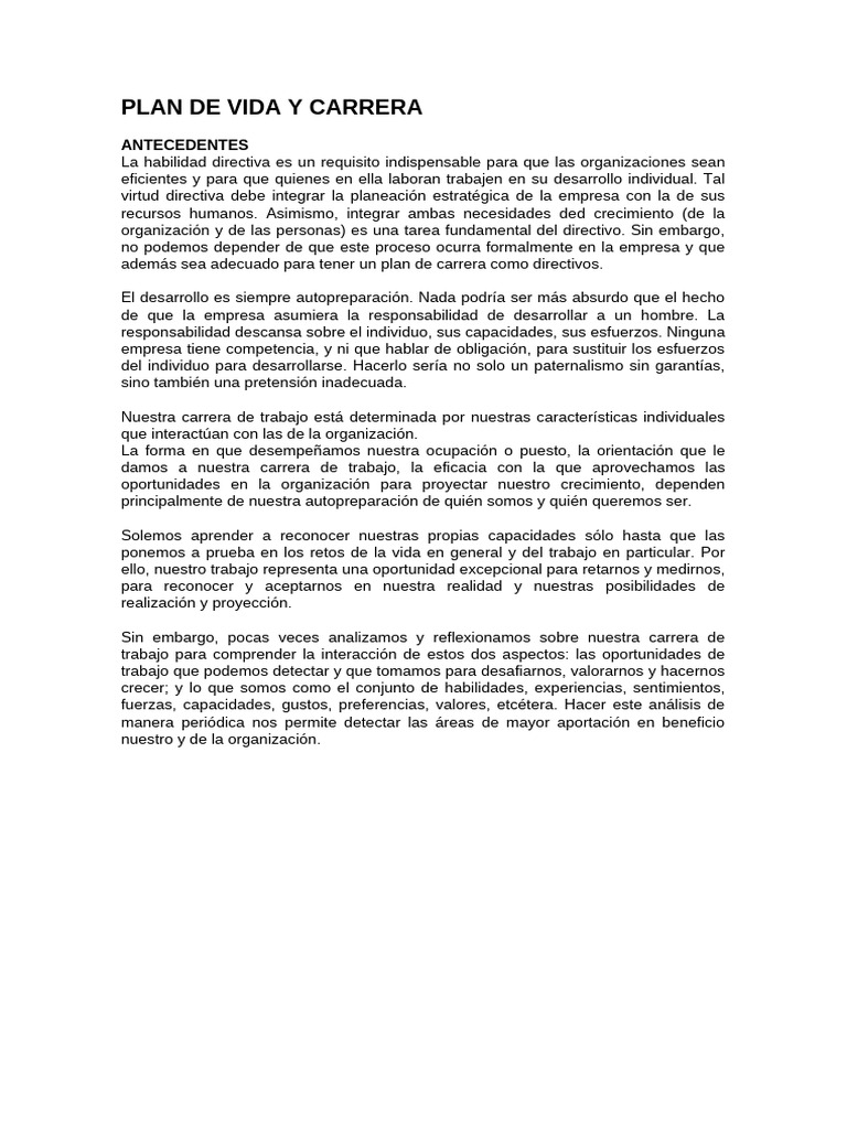 Plan de Vida y Carrera Profesional | PDF | Gestión de recursos humanos ...
