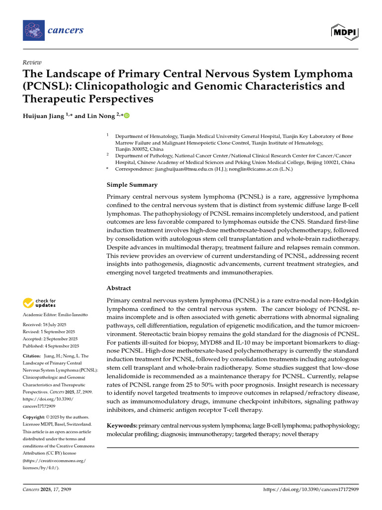 The Landscape of Primary Central Nervous System Lymphoma (PCNSL ...