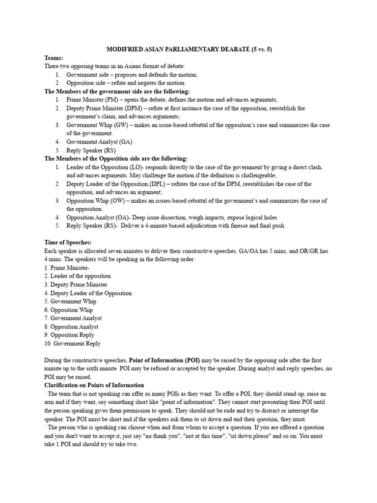 Modified Asian Parliamentary Debate Guide | PDF