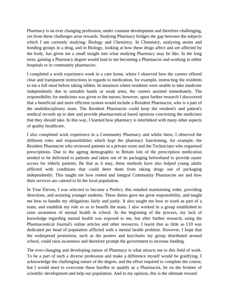 Pharmacy Personal Statement Insights | PDF | Pharmacy | Medicine