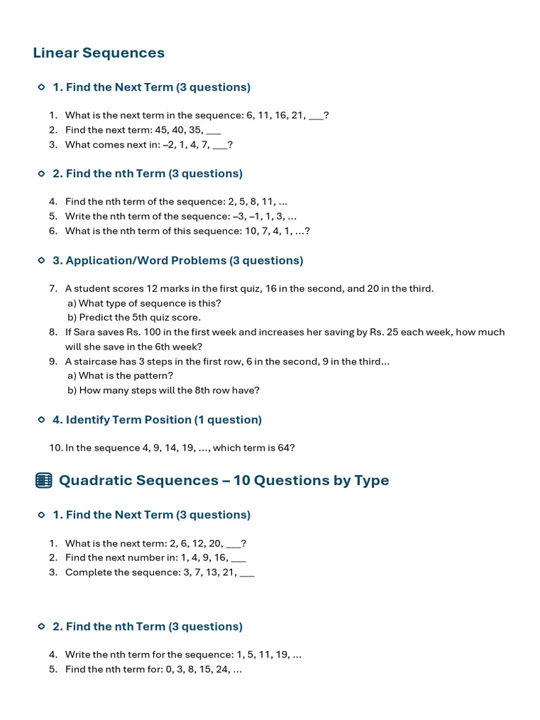 Linear and Quadratic Sequences Quiz | PDF
