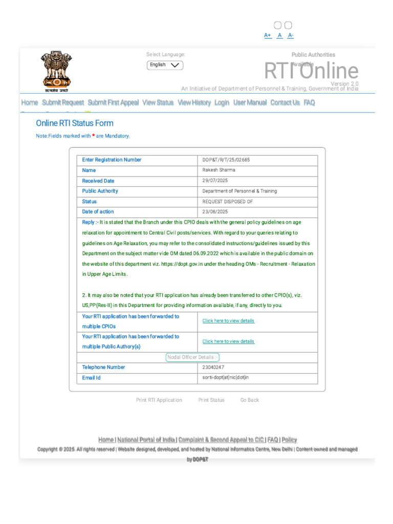 RTI Online - View Status Form | PDF