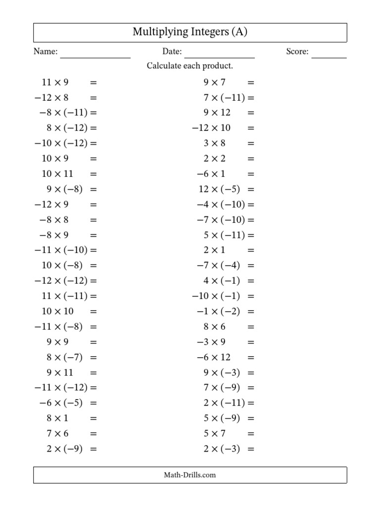 Integers 03multiplication 01mixed 02range12 02questions050 001. ...