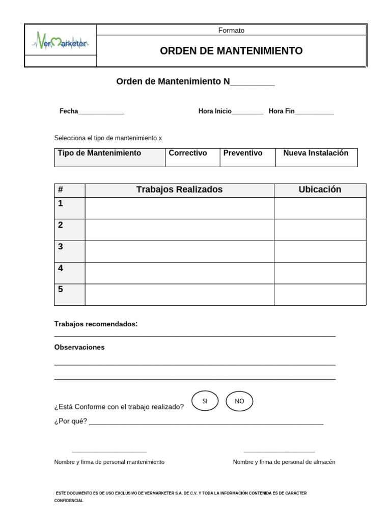 Orden de Mantenimiento Formato PDF | PDF
