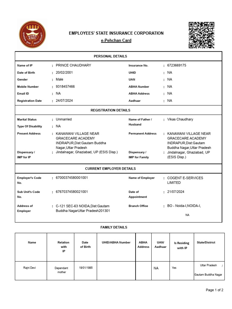ESIC e-Pehchan Card Details | PDF | Social Programs | Social Security