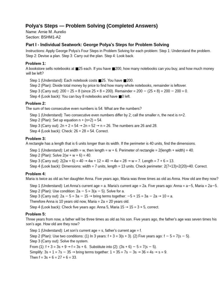Polya's Problem Solving Steps Explained | PDF | Length | Elementary ...