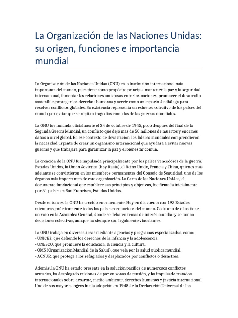 Importancia de la ONU en el mundo | PDF | Naciones Unidas | Relaciones ...