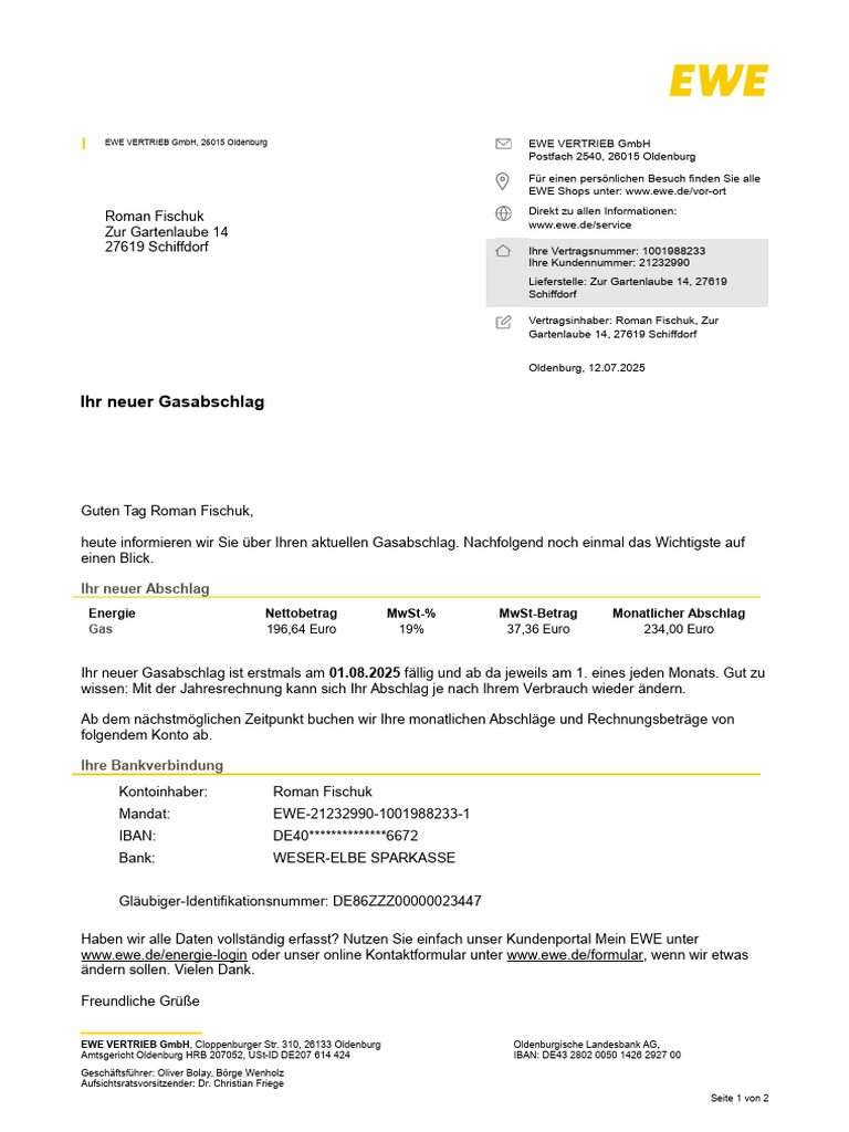 Gas - Änderungsbestätigung Abschlag Vom 12.07.2025 | PDF