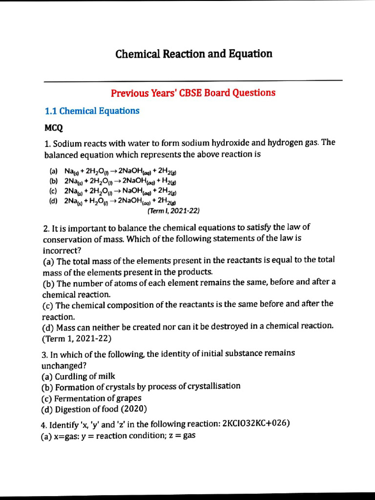 MCQs on Chemical Reactions and Equations | PDF | Chemical Reactions ...