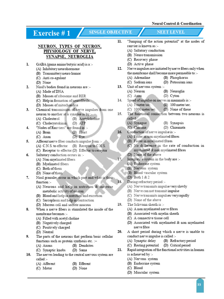 Neural Control & Coordination Quiz | PDF | Central Nervous System | Neuron
