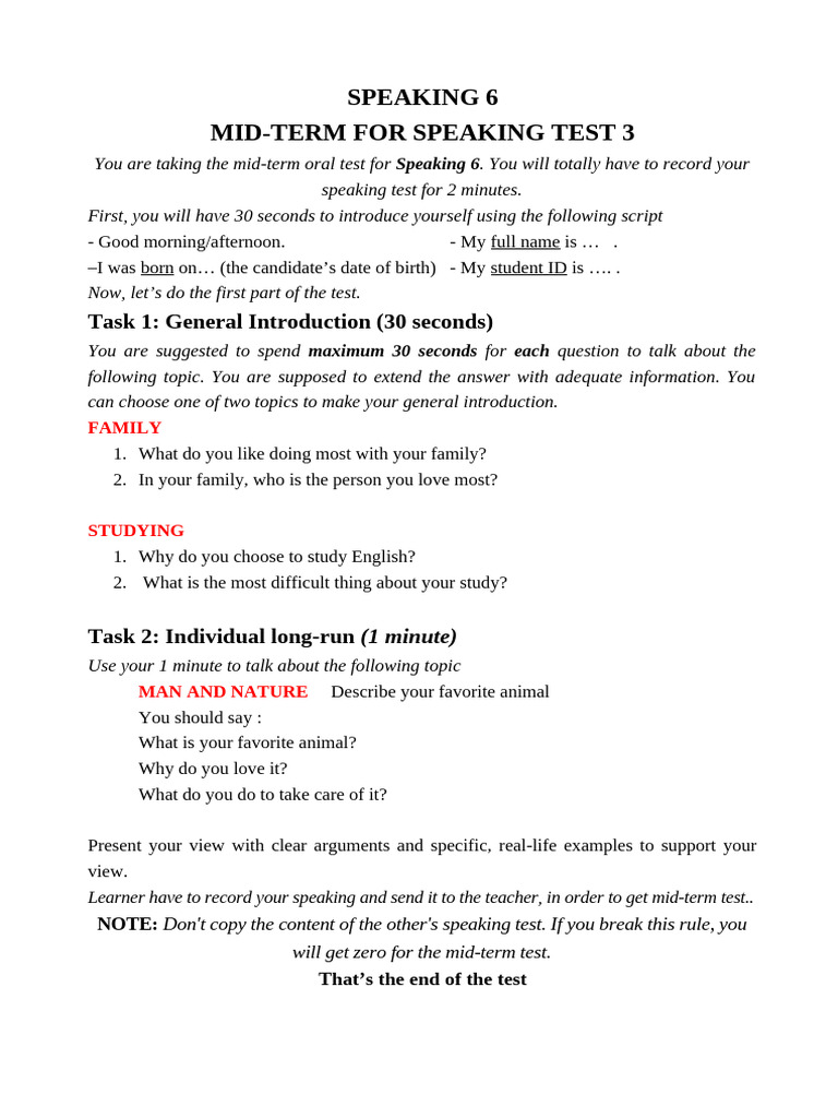 Speaking 6 Mid-Term Test Guide | PDF