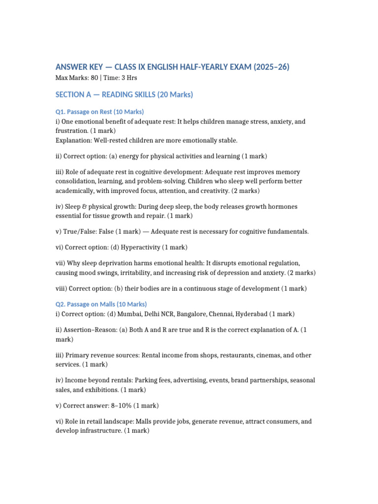 Class IX English Exam Answer Key 2025-26 | PDF | Sleep | Anxiety