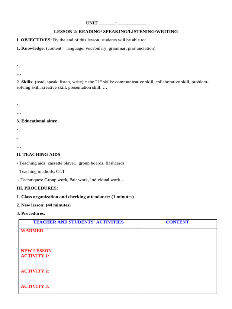 Lesson Plan: Reading and Writing Skills | PDF