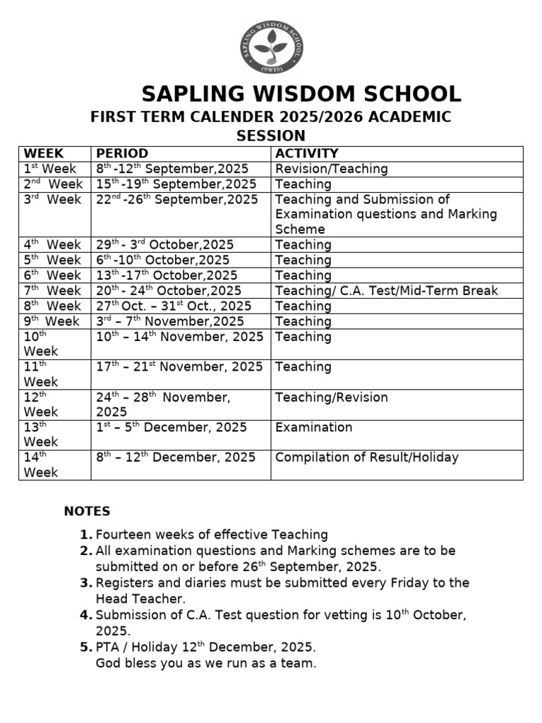 First Term Calendar 2025/2026 PDF | PDF