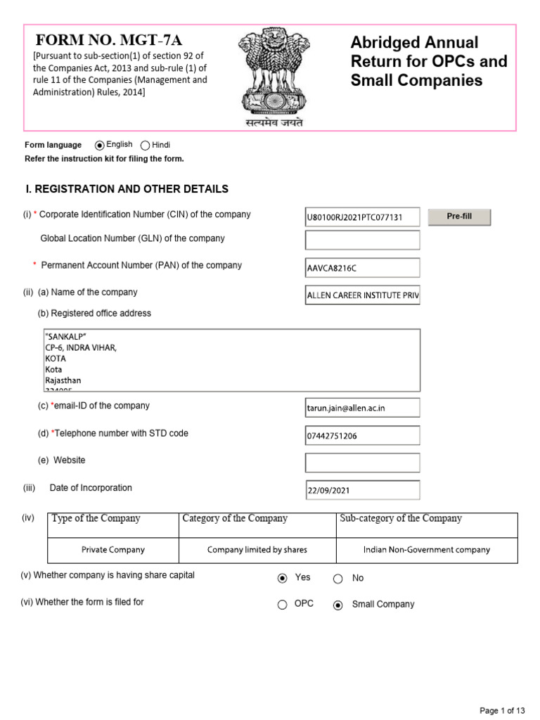 Abridged Annual Return for OPCs | PDF | Securities (Finance) | Share ...