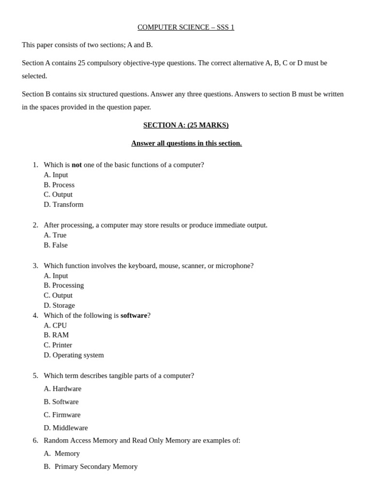 Computer Science Exam: SSS 1 Guide | PDF | Computer Data Storage ...