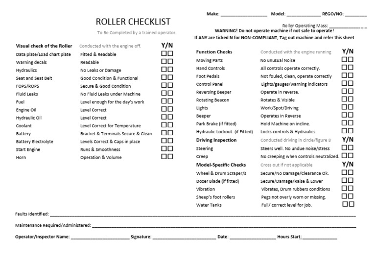 Roller Safety Inspection Checklist | PDF | Vehicle Technology | Vehicles
