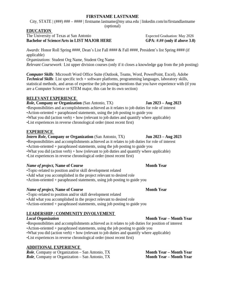 Resume Template for UTSA Students | PDF | Software | Computing
