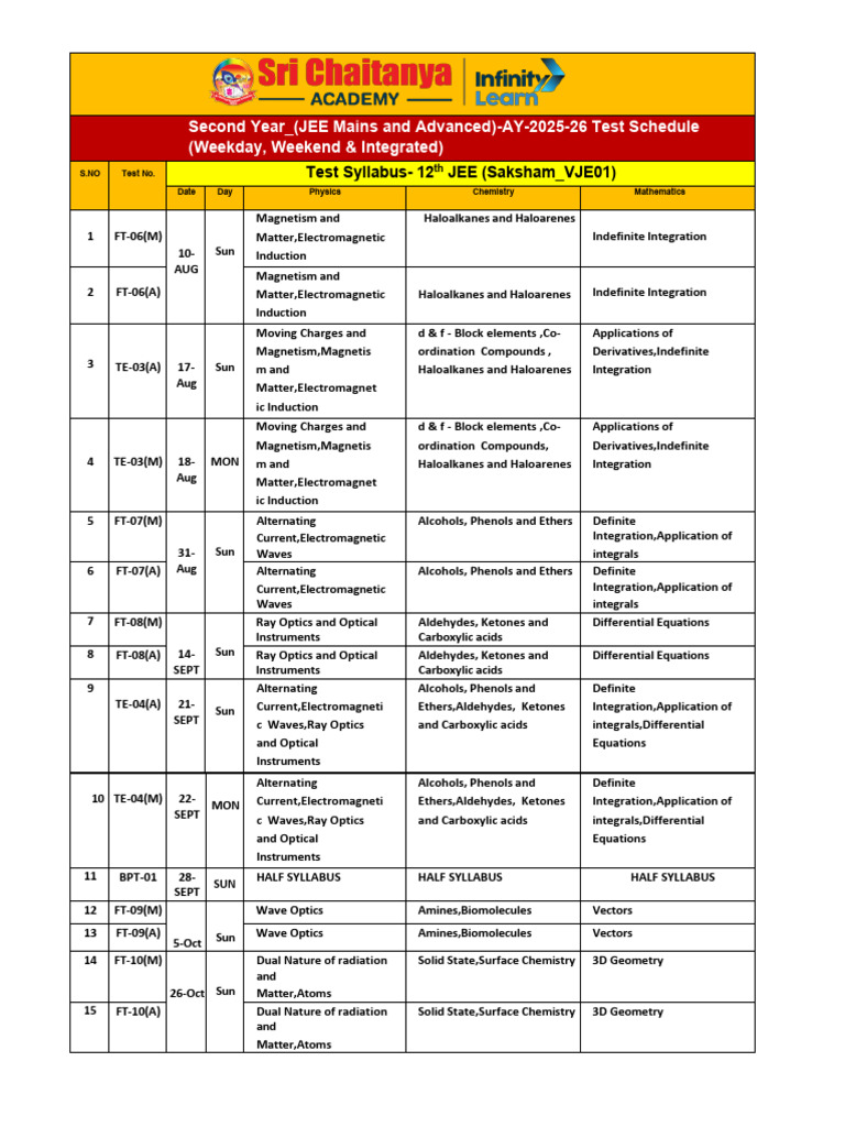 JEE Mains & Advanced 2025-26 Test Schedule | PDF | Chemistry | Optics