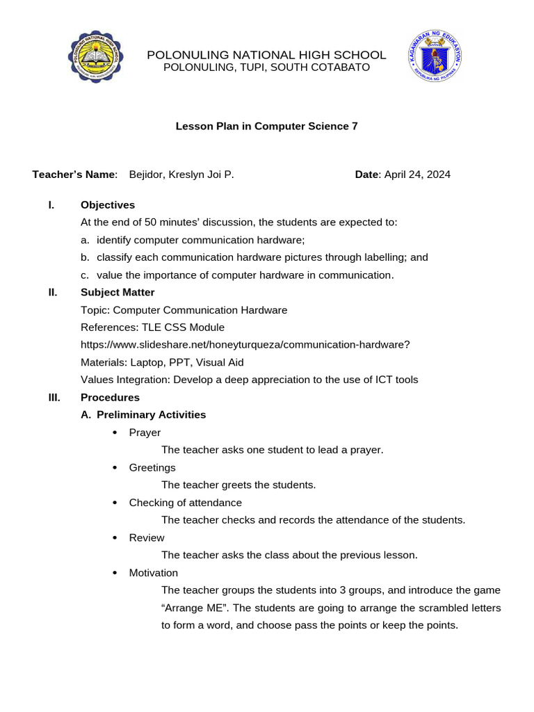 Computer Communication Hardware Lesson Plan | PDF | Computer Network ...