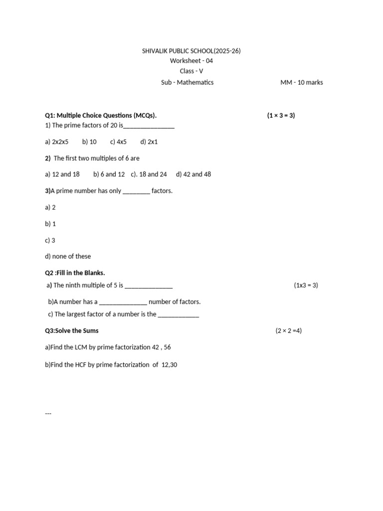 Class V Mathematics Worksheet 2025-26 | PDF