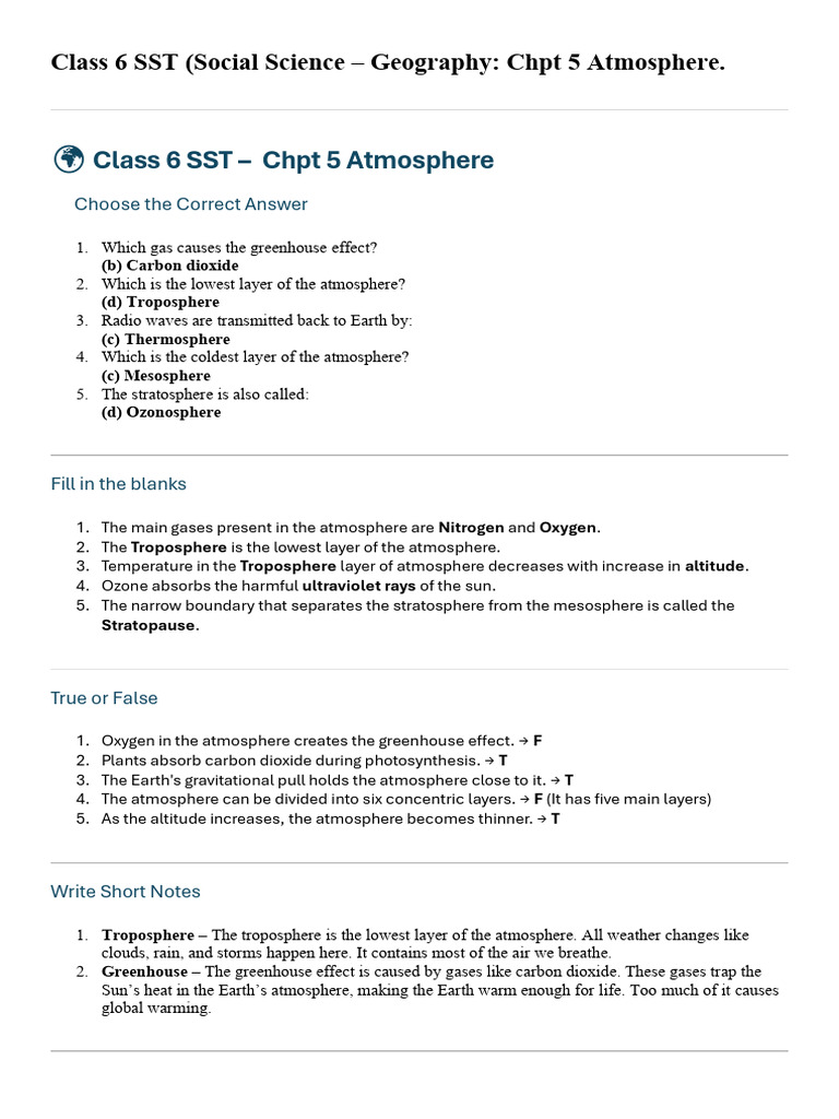 Class 7 Geography CHPT 5 Atmosphere | PDF | Atmosphere Of Earth | Atmosphere