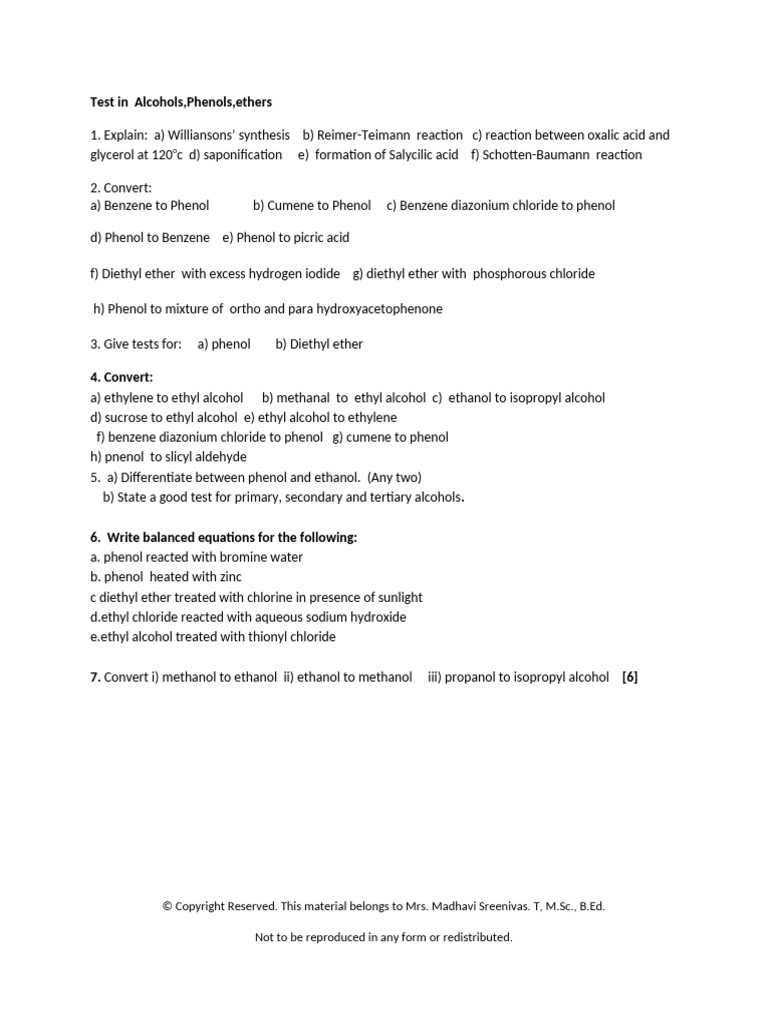 Alcohols, Phenols, and Ethers Reactions Guide | PDF