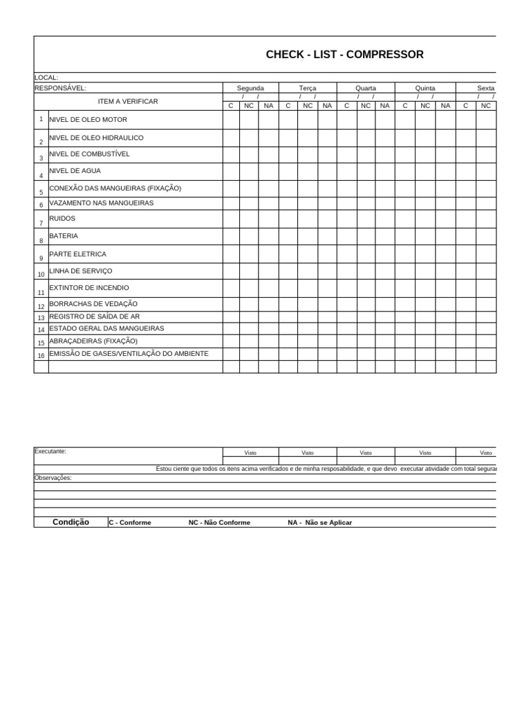 Check-list de Verificação de Compressor | PDF