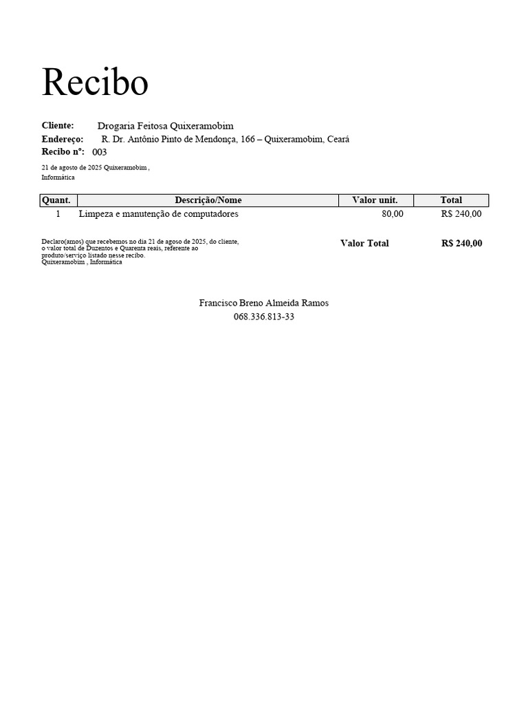 Recibo de Serviço de Informática em Quixeramobim | PDF