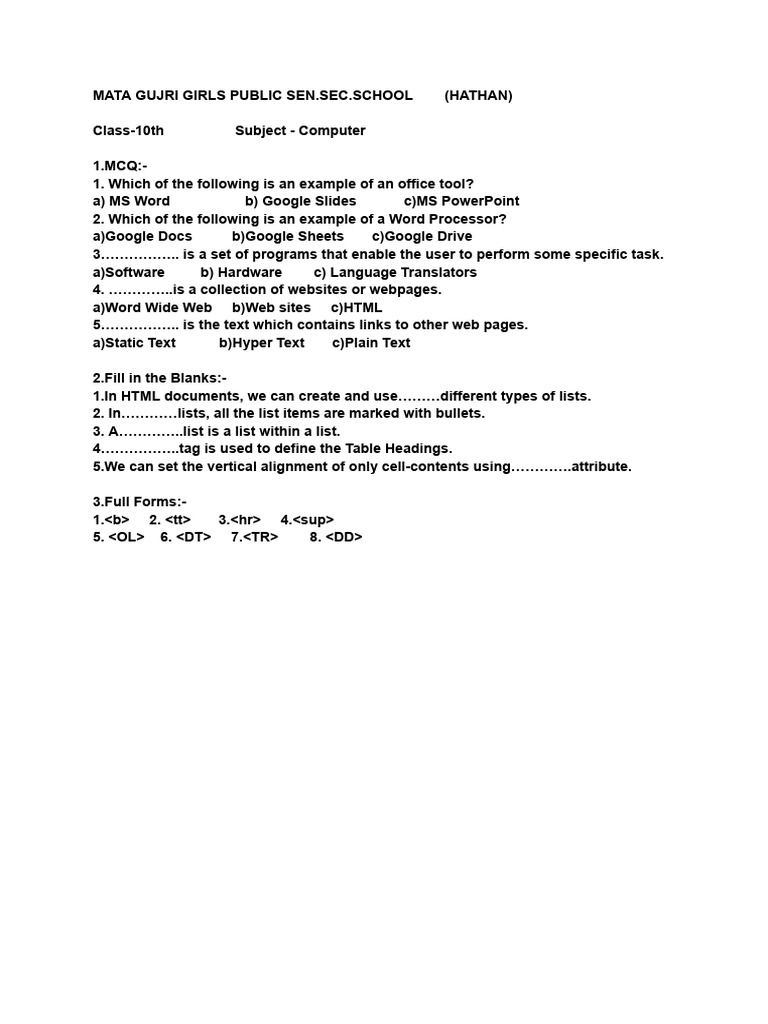 Class 10 Computer MCQs and Exercises | PDF