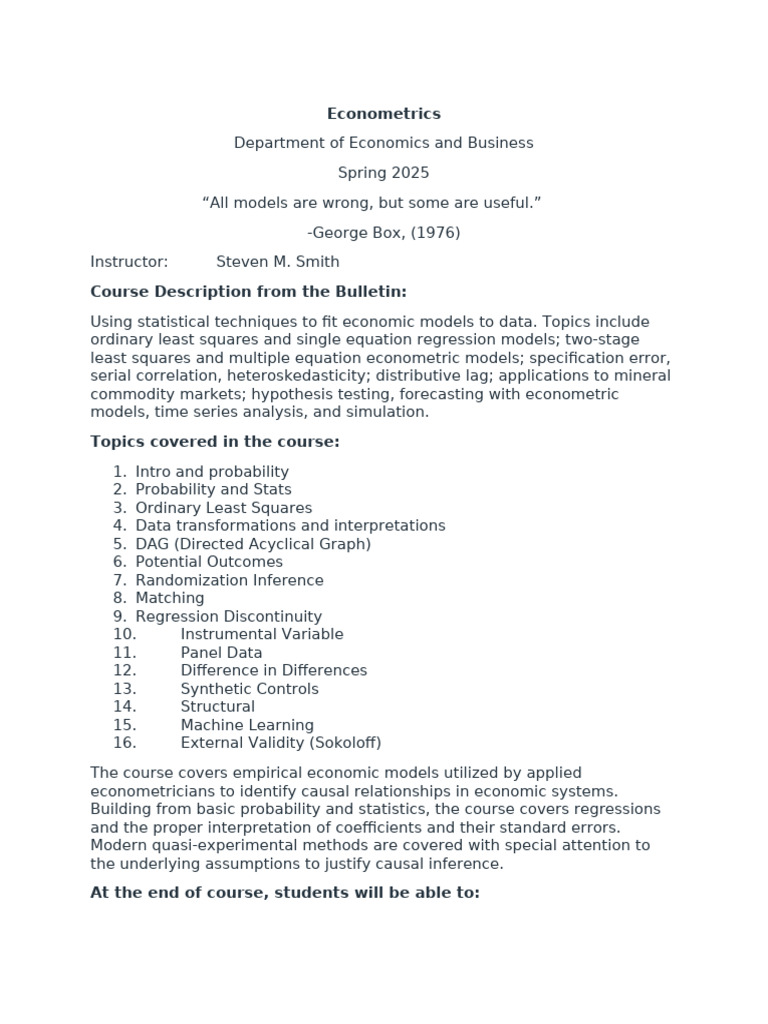 Econometrics Course Overview Spring 2025 | PDF | Statistics ...