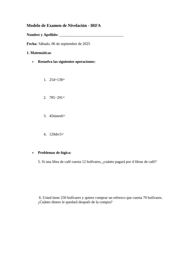 Examen de Nivelación IRFA 2025 | PDF
