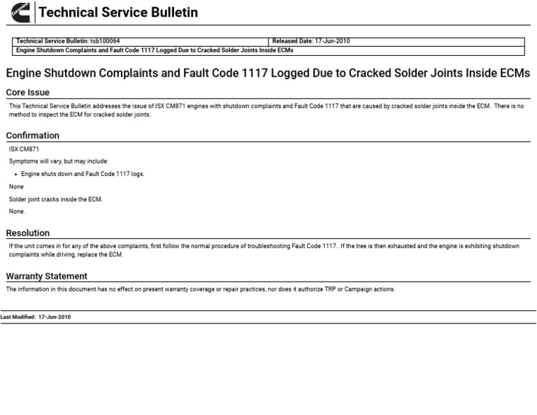 Fault Code 1117: ECM Solder Joint Issue | PDF