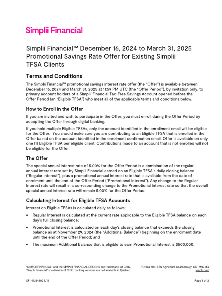 Simplii TFSA 5% Interest Rate Offer | PDF | Interest | Payments
