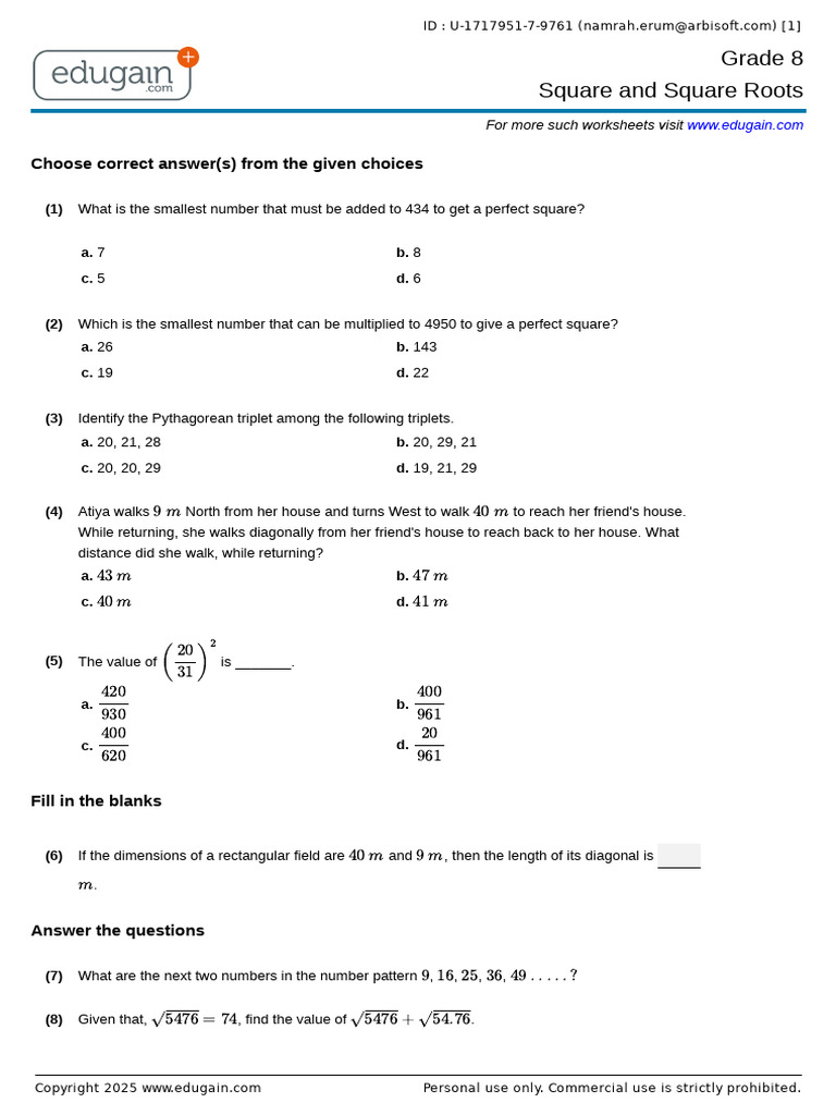 Grade 8 Square Roots Worksheet | PDF | Arithmetic | Discrete Mathematics
