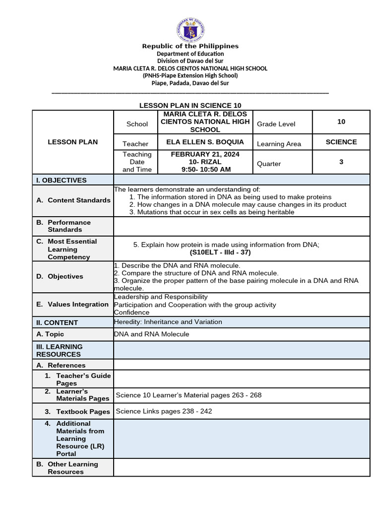 Pak-Cid Science 10 Quarter 3 Week 4 Dna&Rna Molecule Lesson Plan | PDF ...