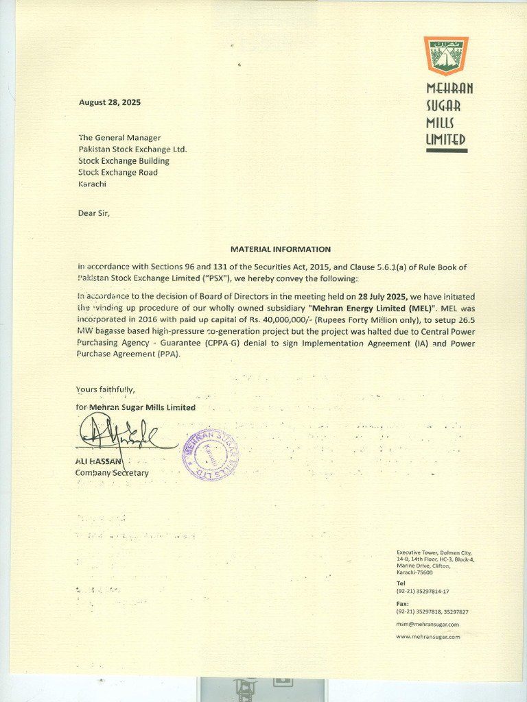 Mehran Sugar Mills Limited Material Information | PDF