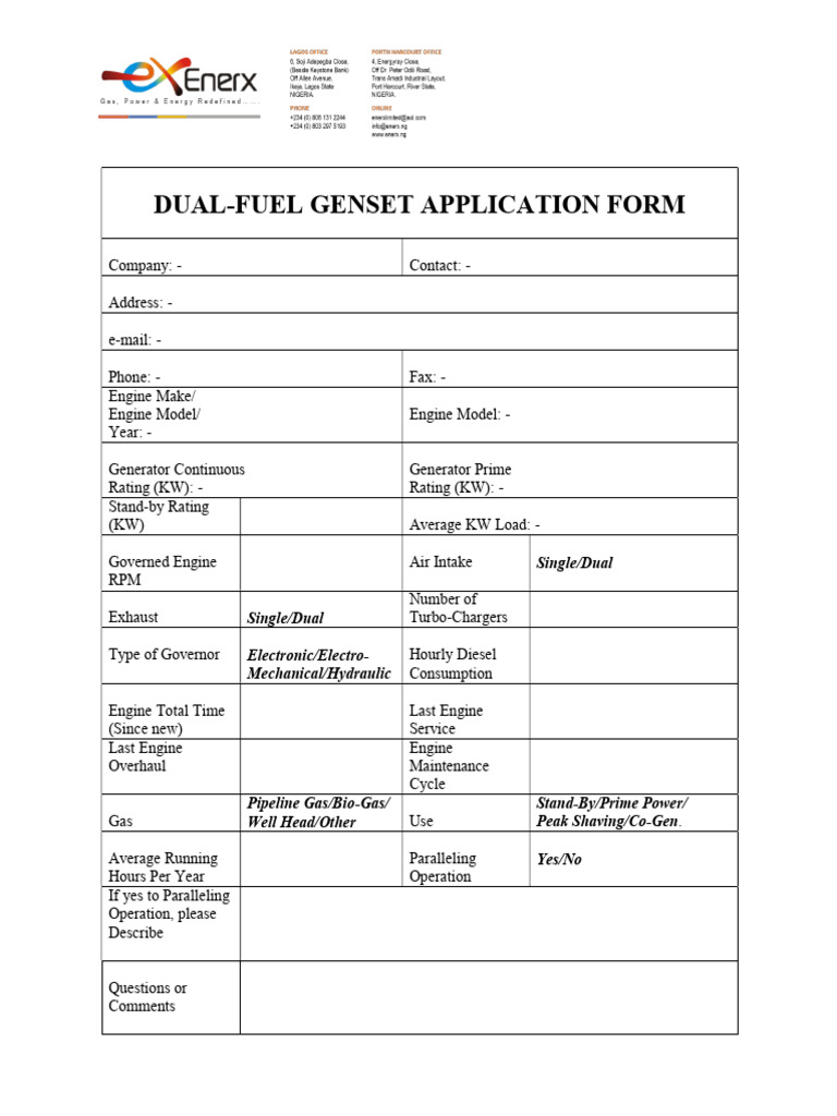 Dual-Fuel Genset Conversion System - Application Form 1100 | PDF