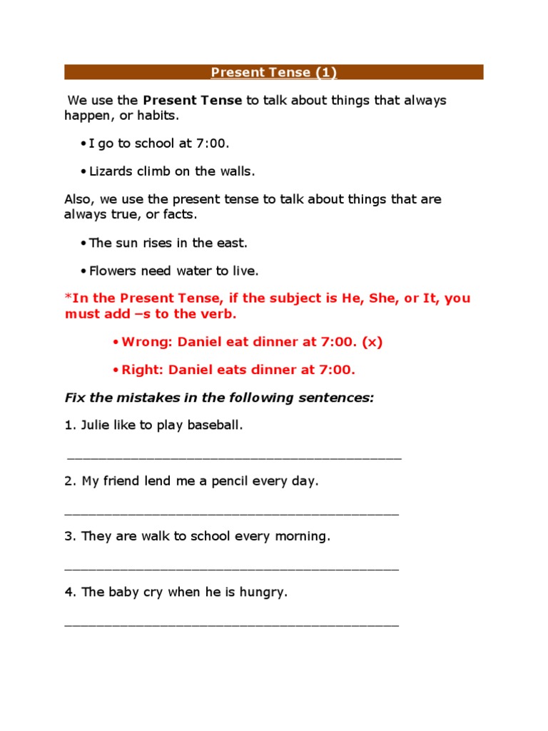 Present Tense (1) : in The Present Tense, If The Subject Is He, She, or ...