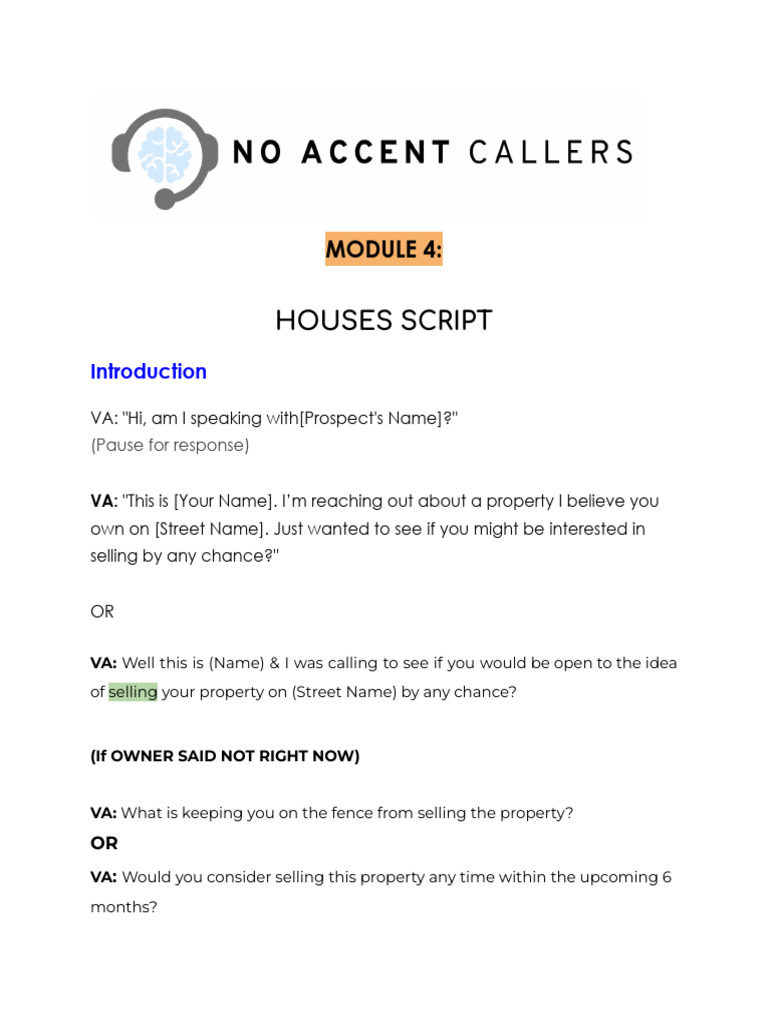 Houses Selling Script for VAs | PDF | Prices