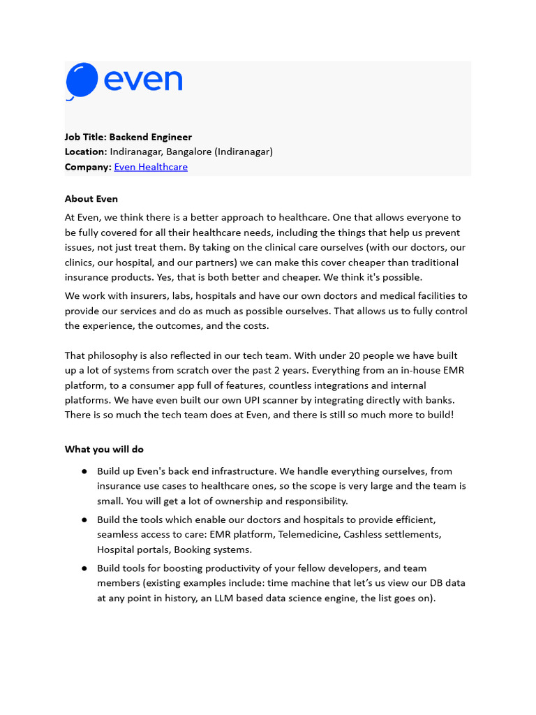 Even Backend Engineer JD | PDF | Health Care | Computing