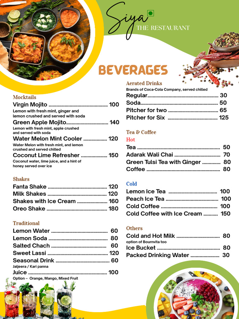 Siya Restaurant Menu: Drinks & Dishes | PDF | Indian Cuisine | Curry