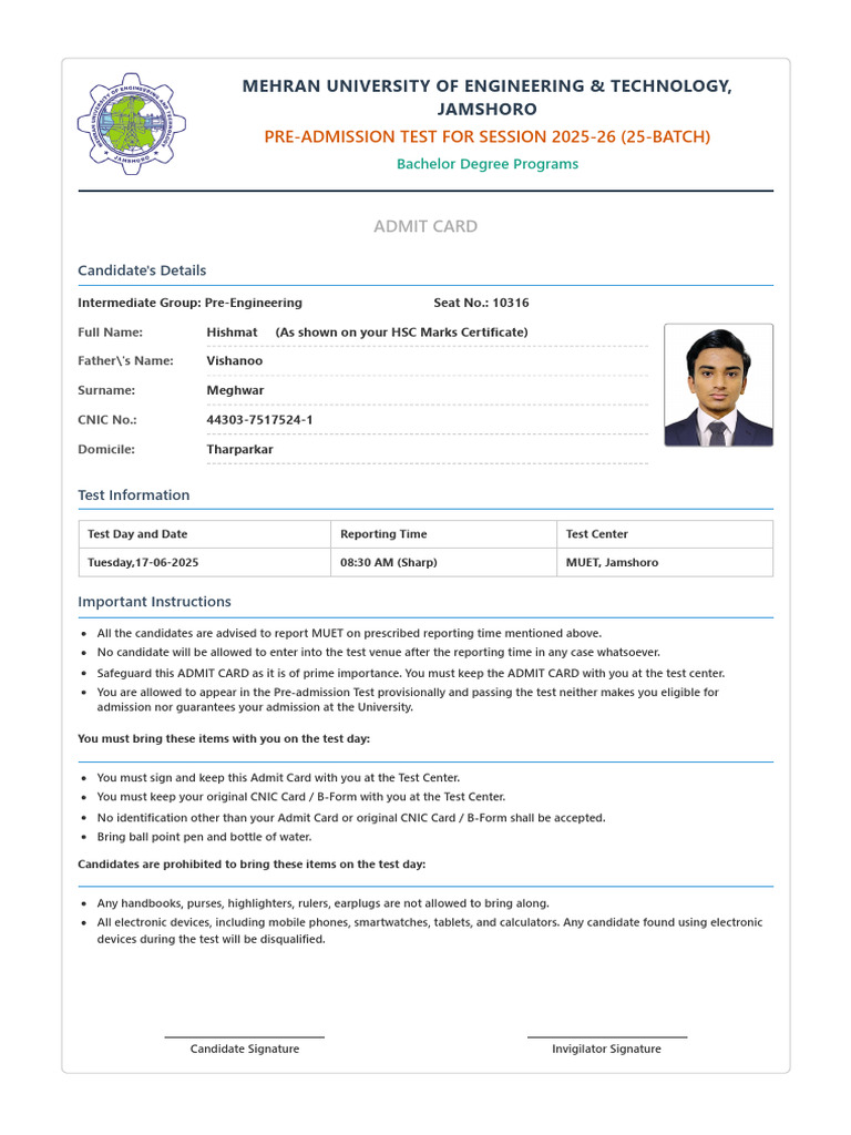 MUET Pre-Admission Test Admit Card 2025 | PDF