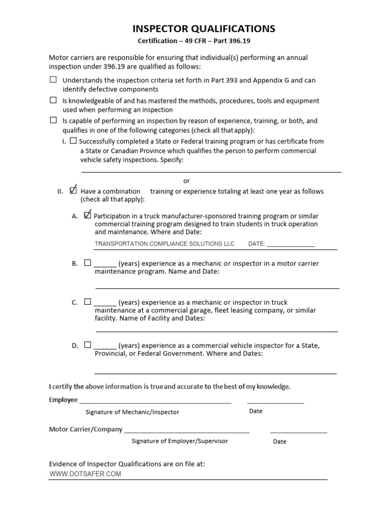 Inspector Qualifications Certification Form | PDF