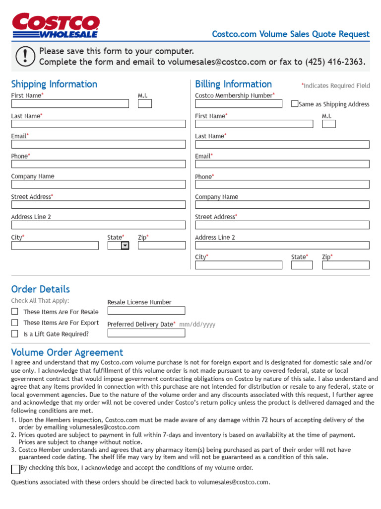 Costco Volume Sales Order Form | PDF | Costco
