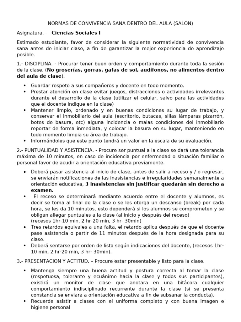 Normas de Convivencia en el Aula | PDF | Salón de clases | Evaluación