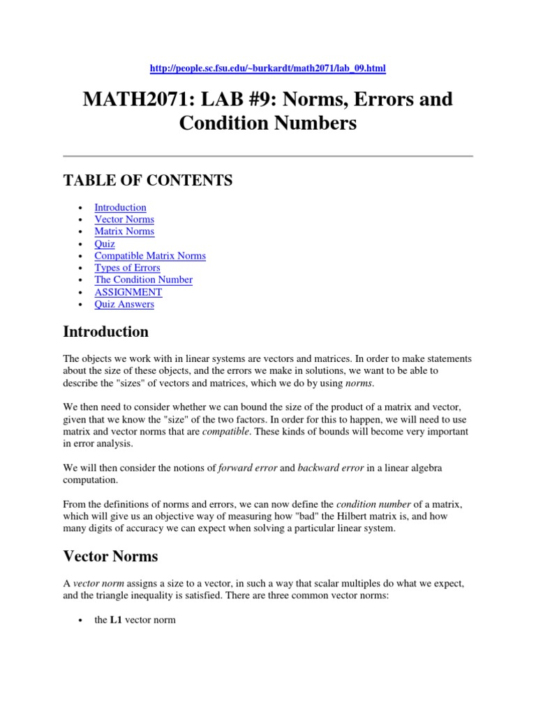 Hilbert Matrix Condition Numbers | PDF | Norm (Mathematics) | Vector Space