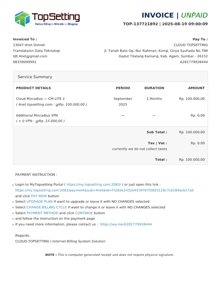 Unpaid Invoice for Cloud Services | PDF