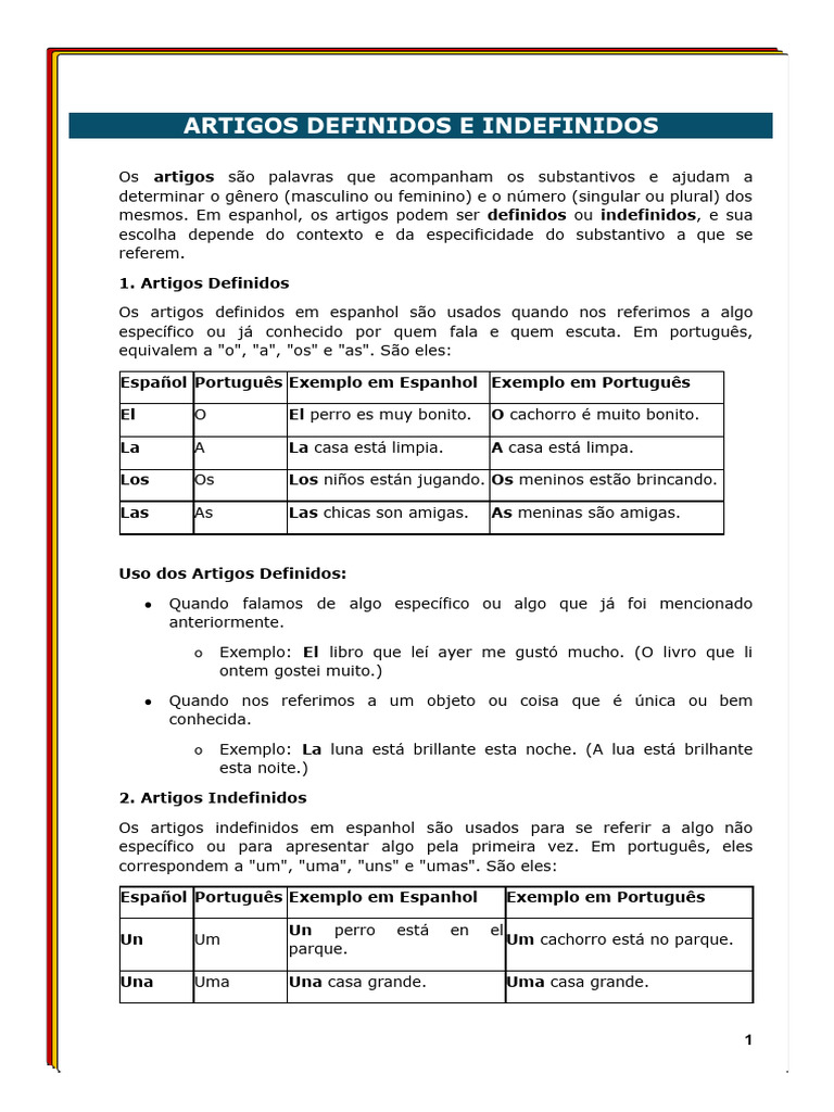 Artigos Definidos e Indefinidos em Espanhol | PDF | Plural | Gramática